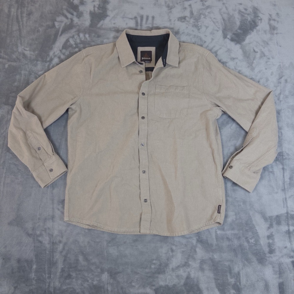 PrAna Ridgecrest Textured Shirt Mens L Beige Cotton Outdoor Hiking Casual